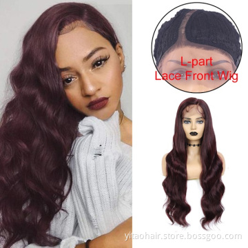 Burgundy color  wave Lace Wig L Part Heat Resist Fiber Soft Long body Wave Hair Wig For Black Women Synthetic Lace Front Wigs